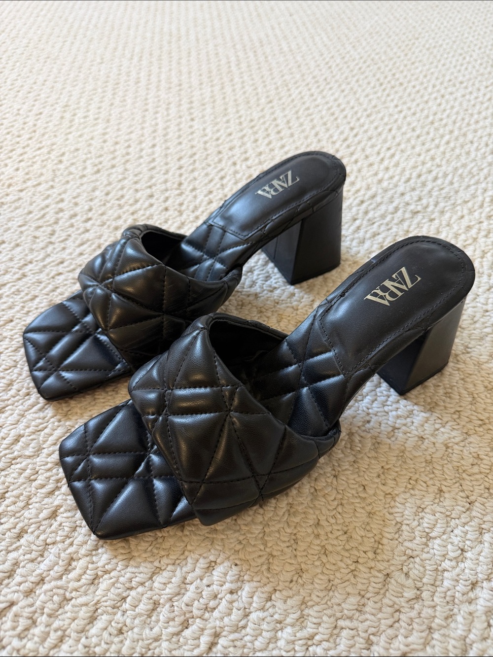 Zara Black Quilted Leather Block Heels